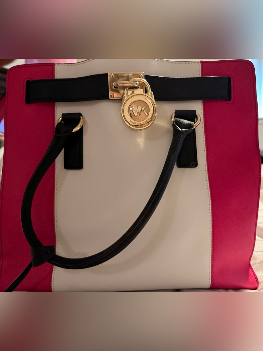 Michael Kors Pink, Cream and Black Saffiano Leather Tote with Gold Lock